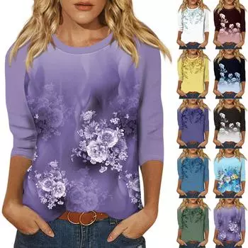 Женский модный повседневный топ с рукавом семь четвертей и круглым вырезом в стиле ретро с цветочным принтом и лоскутным узором XL