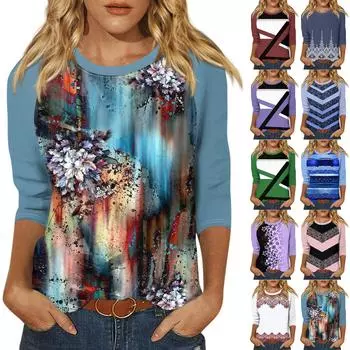 Женский модный повседневный топ с рукавом семь четвертей и круглым вырезом в стиле ретро с цветочным принтом и лоскутным узором XXXL