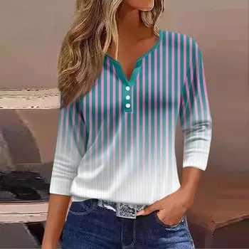 Женский модный повседневный топ с рукавом три четверти и пуговицами в полоску с градиентным принтом и круглым вырезом с принтом L синий
