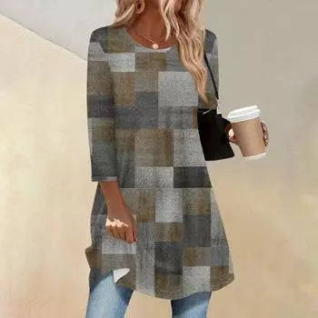 Женский модный повседневный топ с рукавом три четверти, длинный, в стиле ретро, с принтом, круглым вырезом L коричневый