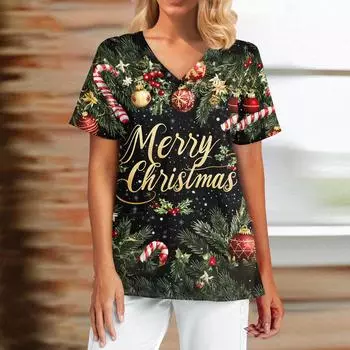 Женский модный повседневный топ с V-образным вырезом и рождественским принтом L