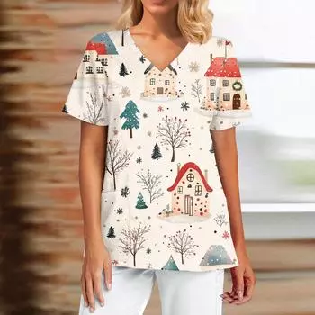 Женский модный повседневный топ с V-образным вырезом и рождественским принтом L
