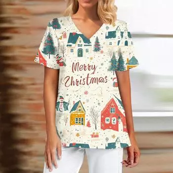Женский модный повседневный топ с V-образным вырезом и рождественским принтом L