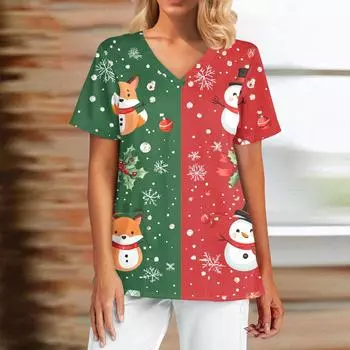 Женский модный повседневный топ с V-образным вырезом и рождественским принтом L