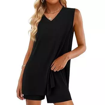 Женский модный повседневный топ с V-образным вырезом без рукавов и шорты с карманами, комплект XXL чёрный