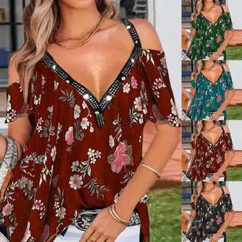 Женский модный повседневный топ с v-образным вырезом и коротким рукавом с принтом, сексуальный топ с открытыми плечами S синий