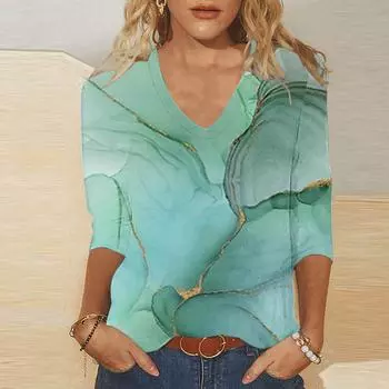 Женский модный повседневный топ с v-образным вырезом и рукавом 3/4, топ с длинными рукавами и v-образным вырезом с принтом, рубашка/рубашка XXL зелёный