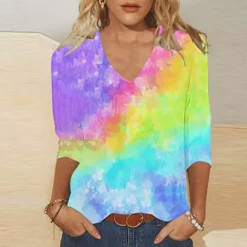 Женский модный повседневный топ с v-образным вырезом и рукавом 3/4, топ с длинными рукавами и v-образным вырезом с принтом, рубашка/рубашка L розовый