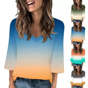 Женский модный повседневный топ с v-образным вырезом и v-образным вырезом с разрезными рукавами и градиентным принтом S синий