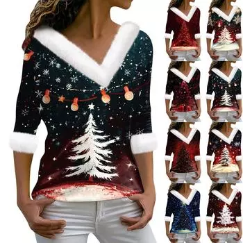 Женский модный повседневный топ с V-образным вырезом и длинными рукавами, рождественским принтом и плюшевым воротником XXL