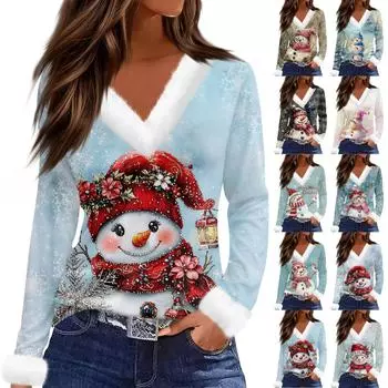 Женский модный повседневный топ с V-образным вырезом и длинными рукавами, рождественским принтом и плюшевым воротником S синий