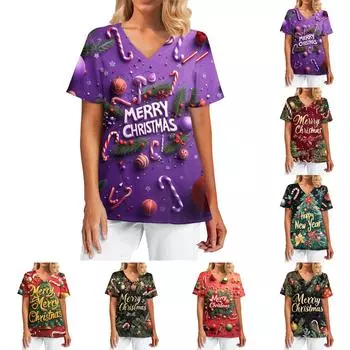 Женский модный повседневный топ с V-образным вырезом и рождественским принтом S