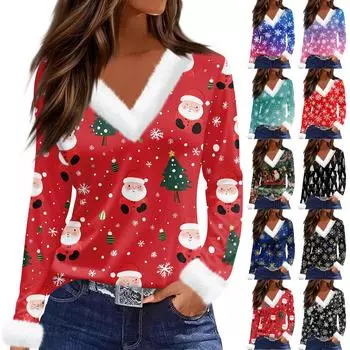 Женский модный повседневный топ с V-образным вырезом и длинными рукавами, рождественским принтом и плюшевым воротником XL
