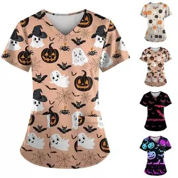 Женский модный повседневный топ с v-образным вырезом и принтом на Хэллоуин, защитный рабочий костюм XXL чёрный