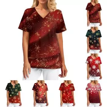 Женский модный повседневный топ с V-образным вырезом и рождественским принтом XXL красный
