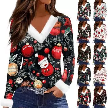 Женский модный повседневный топ с V-образным вырезом и длинными рукавами, рождественским принтом и плюшевым воротником XXXL чёрный