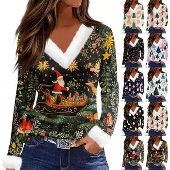 Женский модный повседневный топ с V-образным вырезом и длинными рукавами, рождественским принтом и плюшевым воротником L чёрный