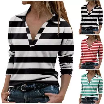 Женский модный повседневный топ с v-образным вырезом и лацканами в полоску с длинными рукавами и принтом XL синий