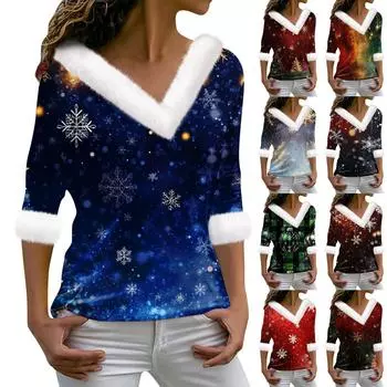 Женский модный повседневный топ с V-образным вырезом и длинными рукавами, рождественским принтом и плюшевым воротником XXXL