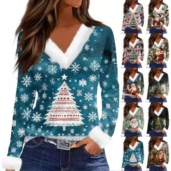 Женский модный повседневный топ с V-образным вырезом и длинными рукавами, рождественским принтом и плюшевым воротником L чёрный