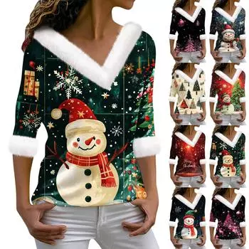 Женский модный повседневный топ с V-образным вырезом и длинными рукавами, рождественским принтом и плюшевым воротником XL