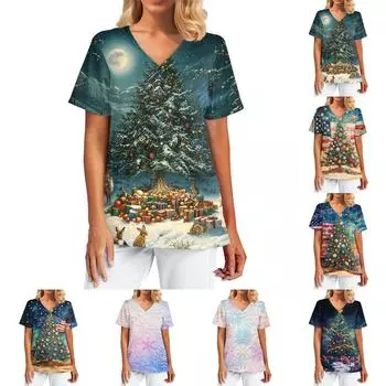 Женский модный повседневный топ с V-образным вырезом и рождественским принтом S