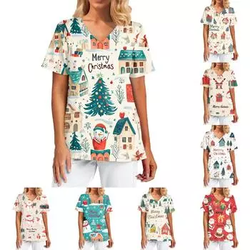Женский модный повседневный топ с V-образным вырезом и рождественским принтом L