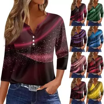 Женский модный повседневный топ с V-образным вырезом и семью рукавами и геометрическим градиентом L синий