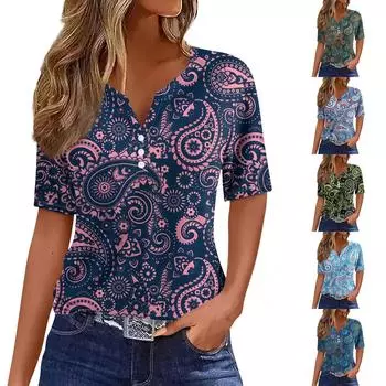 Женский модный повседневный топ с v-образным вырезом и коротким рукавом с принтом пейсли M