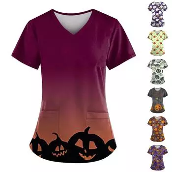 Женский модный повседневный топ с v-образным вырезом и принтом на Хэллоуин, защитный рабочий костюм XXXXXL фиолетовый