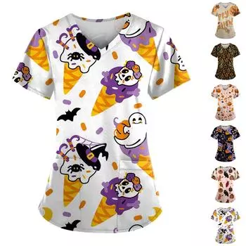 Женский модный повседневный топ с v-образным вырезом и принтом на Хэллоуин, защитный рабочий костюм S