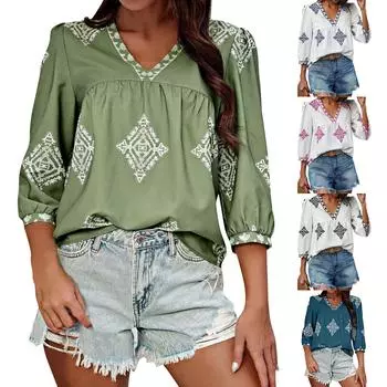 Женский модный повседневный топ с v-образным вырезом и семью рукавами с принтом L чёрный