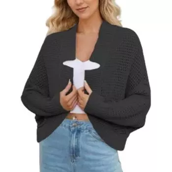Женский модный повседневный удобный кардиган однотонного цвета L чёрный