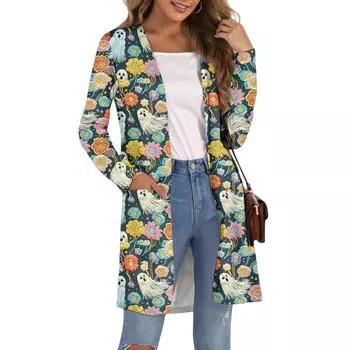 Женский модный повседневный удобный кардиган средней длины с принтом на Хэллоуин и карманами M