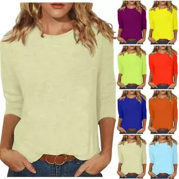 Женский модный повседневный универсальный повседневный топ с круглым вырезом и рукавами три четверти с принтом L бежевый