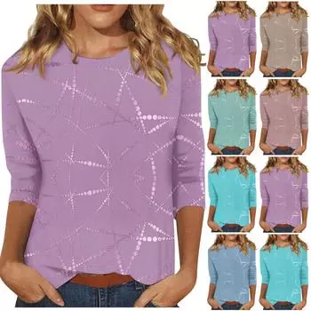 Женский модный повседневный универсальный повседневный топ с круглым вырезом и рукавами три четверти с принтом L синий