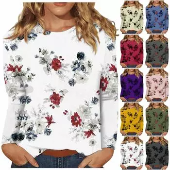 Женский модный повседневный универсальный повседневный топ с круглым вырезом и длинными рукавами с принтом XXL чёрный