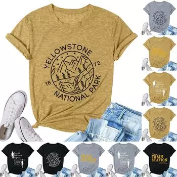 Женский модный повседневный универсальный топ с круглым вырезом и короткими рукавами с принтом L чёрный