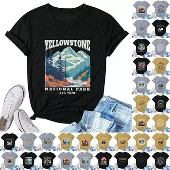 Женский модный повседневный универсальный топ с круглым вырезом и короткими рукавами с принтом L чёрный