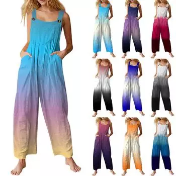 Женский модный повседневный винтажный комбинезон без рукавов с принтом на пуговицах L синий