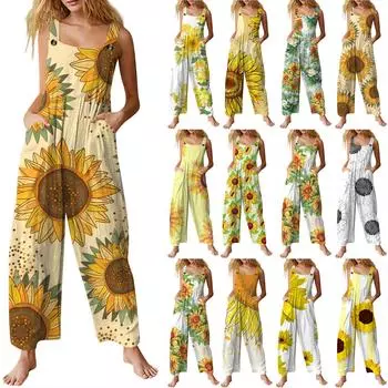 Женский модный повседневный винтажный комбинезон без рукавов с принтом на пуговицах L чёрный