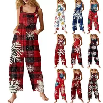 Женский модный повседневный винтажный комбинезон без рукавов с рождественским принтом на пуговицах XXXL синий