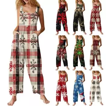 Женский модный повседневный винтажный комбинезон без рукавов с рождественским принтом на пуговицах XL чёрный