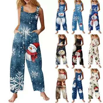 Женский модный повседневный винтажный комбинезон без рукавов с рождественским принтом на пуговицах XXXXXL чёрный