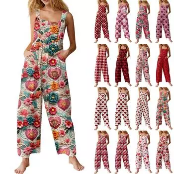 Женский модный повседневный винтажный комбинезон без рукавов на пуговицах с принтом ко Дню святого Валентина L бежевый