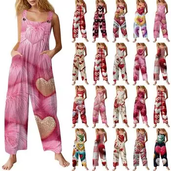 Женский модный повседневный винтажный комбинезон без рукавов на пуговицах с принтом ко Дню святого Валентина L бежевый