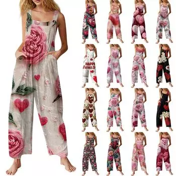 Женский модный повседневный винтажный комбинезон без рукавов на пуговицах с принтом ко Дню святого Валентина L бежевый