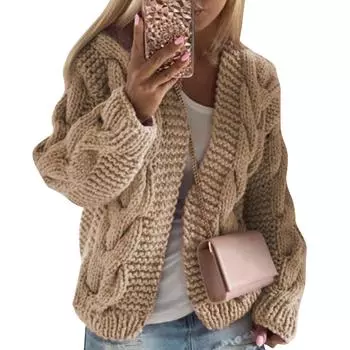 Женский модный повседневный вязаный кардиган свитер L бежевый