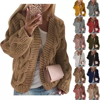 Женский модный повседневный вязаный кардиган свитер L бежевый