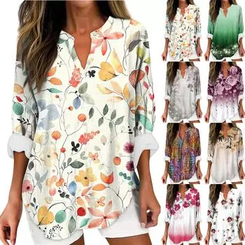 Женский модный повседневный женский топ из конопли с заниженными плечами и длинным рукавом с v-образным вырезом и принтом S